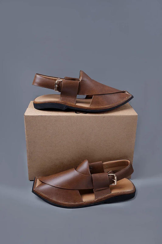 Tan Brown Leather Kaptaan Chappal with Sleek Square Toe Finish