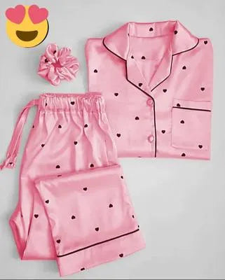 3 Pcs Women's Stitched Silk Printed Night Suit