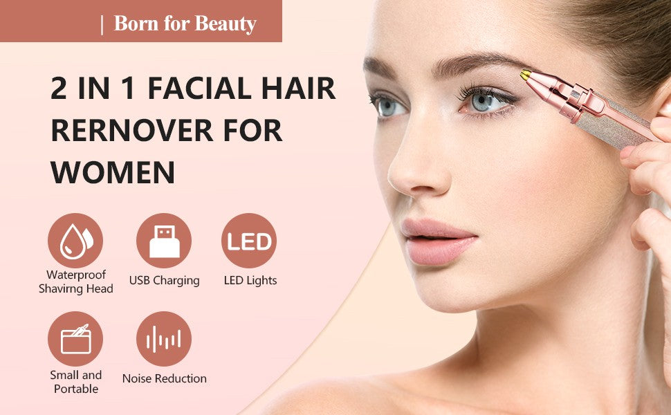 2in1 Electric Eyebrow Trimmer and Shaver Rechargeable Hair Remover for All Parts Use in Pen Flawless Hair Remover Rechargeable Painless Precision Eyebrow Trimmer and Eyebrow Razor Tool with LED Light for Face Lips Nose Chin Arm