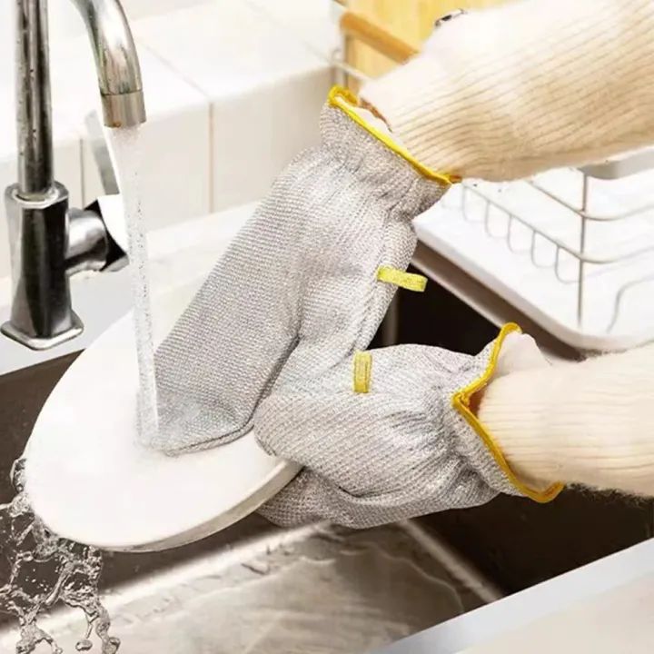 1 Pair New Steel Wire Dishwashing Gloves for Kitchen Cleaning Waterproof & Insulated Multifunctional Household Cleaning Gloves Heat Resistant Reusable for Washing Dishes Pot Scrubbing Laundry and Gardening Durable & Skin Friendly
